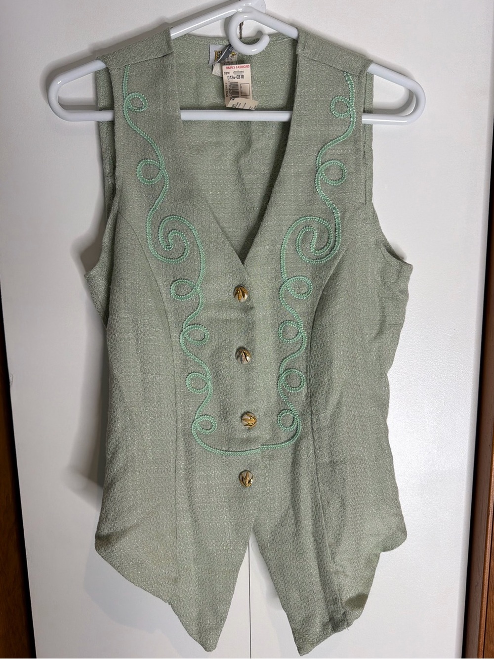 Vintage-Inspired Sage Green Embroidered Women's Vest - Size Large